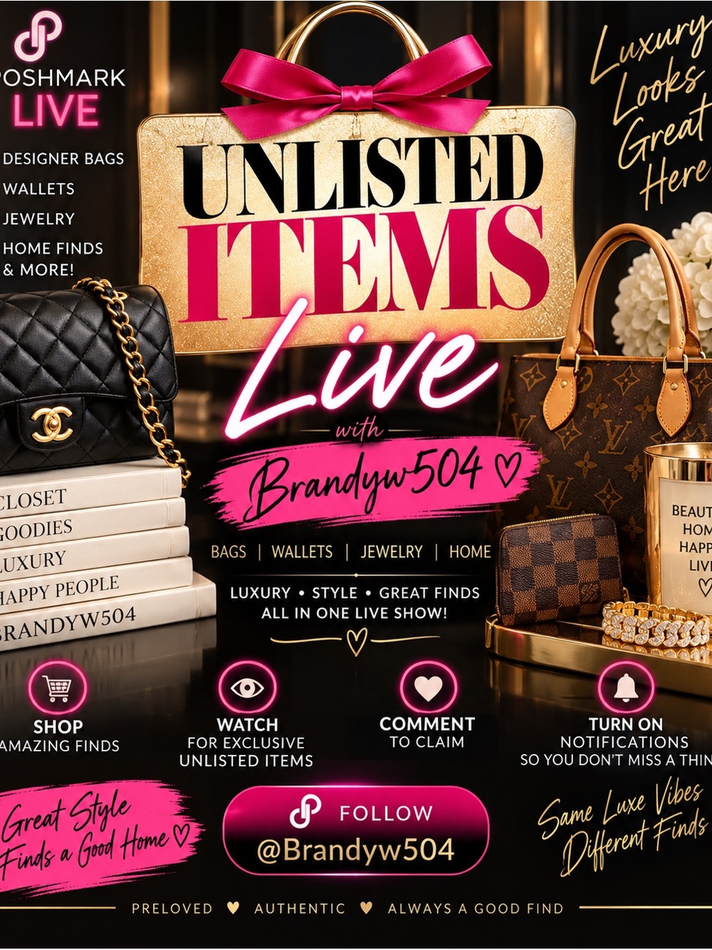 Brandy Melville Gold and Hot Pink Live Unlisted Items Sign